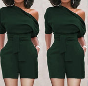 women's shoulder button one-piece shorts romper - MRSLM