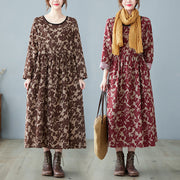 retro art floral print cotton linen dress, view 3 - MRSLM