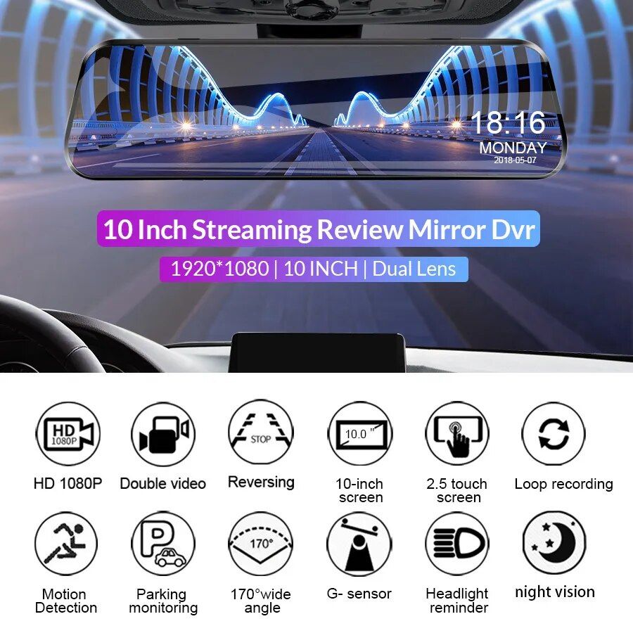 Rearview Mirror Dash Cam with Dual FHD Cameras and Night Vision