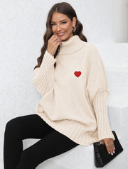 women's loose turtleneck sweater with heart patches, view 6 - MRSLM