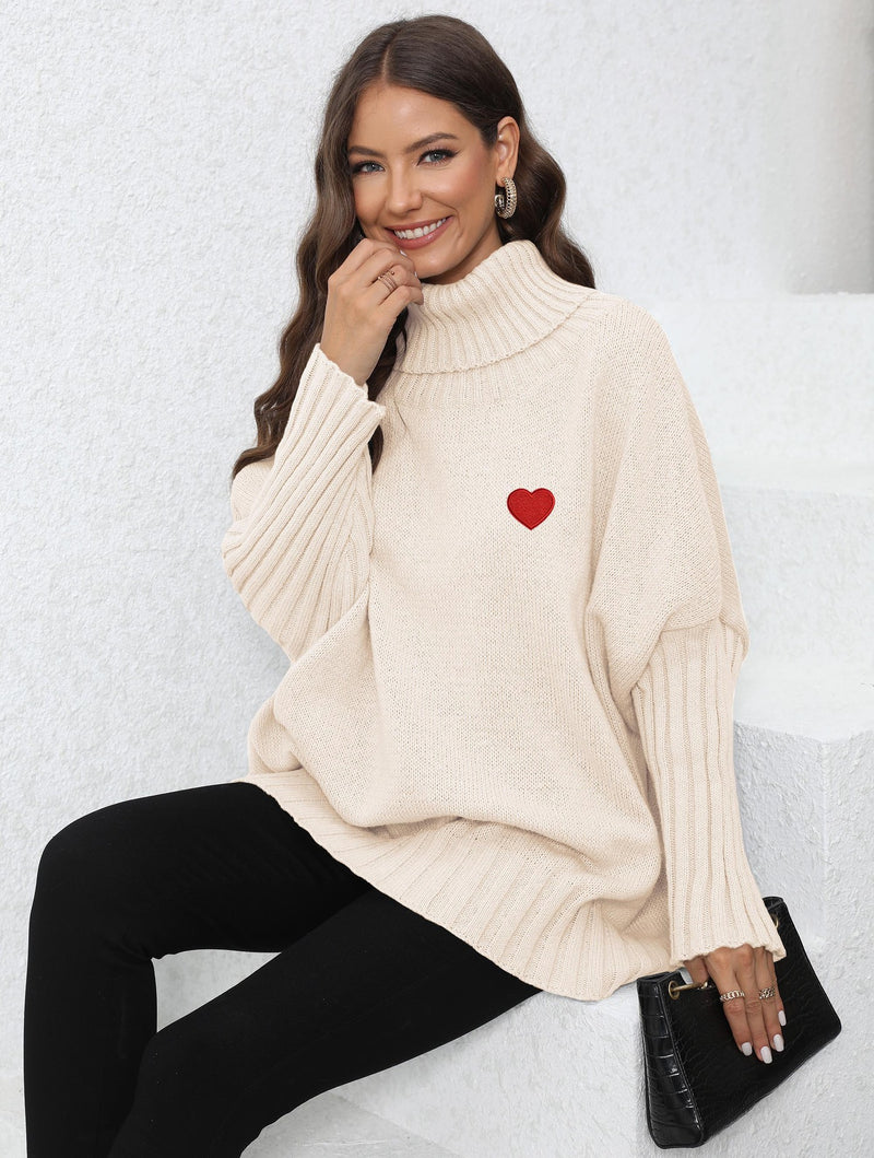 women's loose turtleneck sweater with heart patches, view 6 - MRSLM