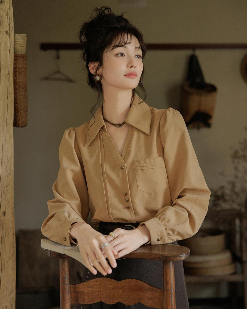 women's long-sleeved V-neck office shirt, view 3 - MRSLM