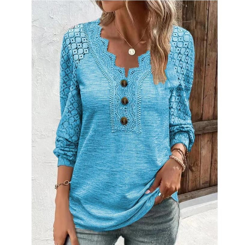 women's slim long sleeve lace top, view 3 - MRSLM