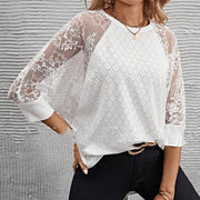 women's lace patchwork round neck top, view 4 - MRSLM