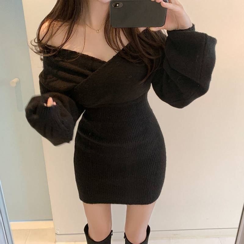 cross v-neck knitted sweater dress, view 3 - MRSLM