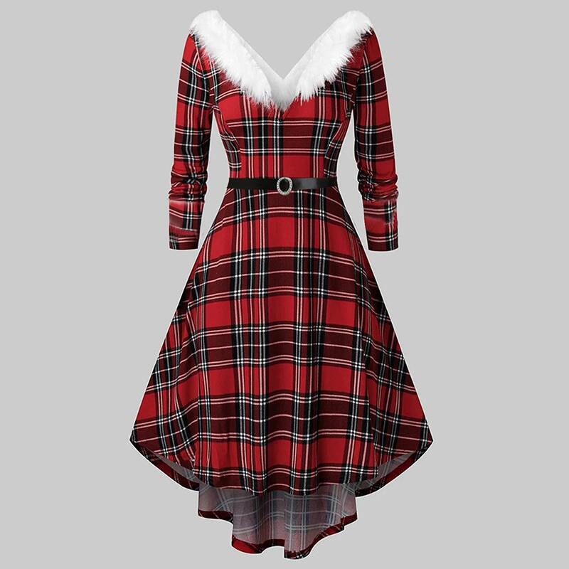 christmas plaid v-neck dress, view 2 - MRSLM