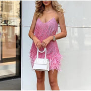 sequin tassel feather mini dress, view 2 - MRSLM