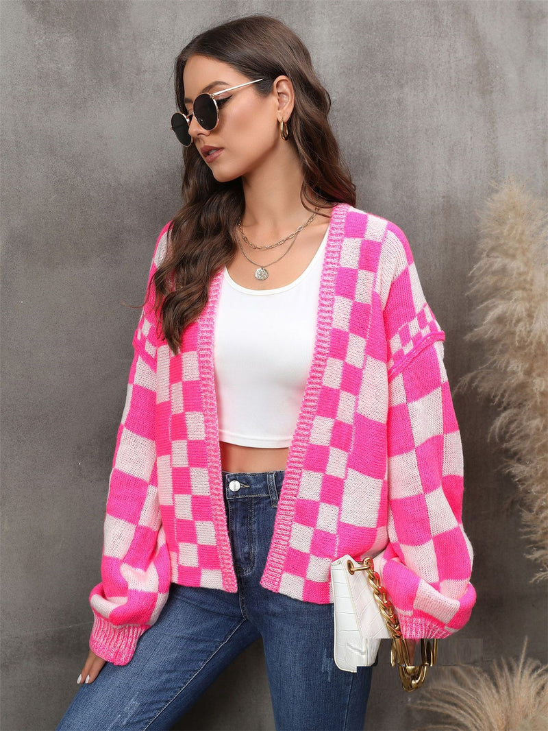 women's plaid knit cardigan coat, view 3 - MRSLM