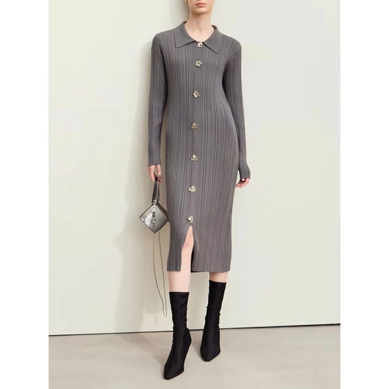 retro lapel knitted dress with metal buckle, view 7 - MRSLM