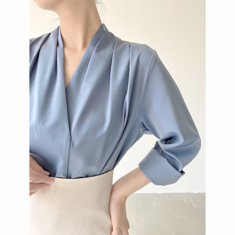 women's v-neck satin shirt top, view 9 - MRSLM