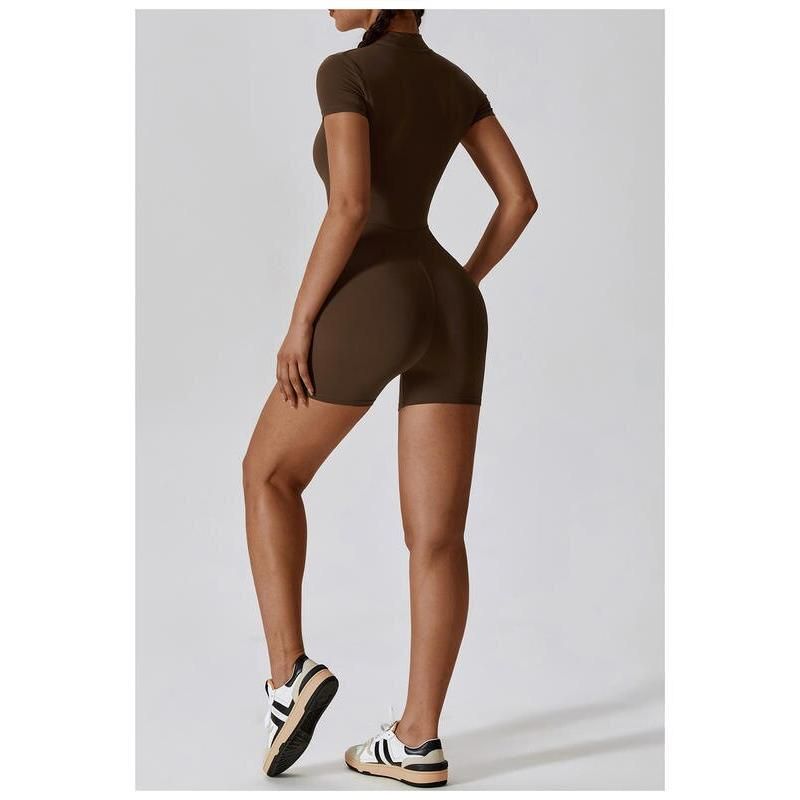 short sleeve zipper yoga bodysuit, view 9 - MRSLM