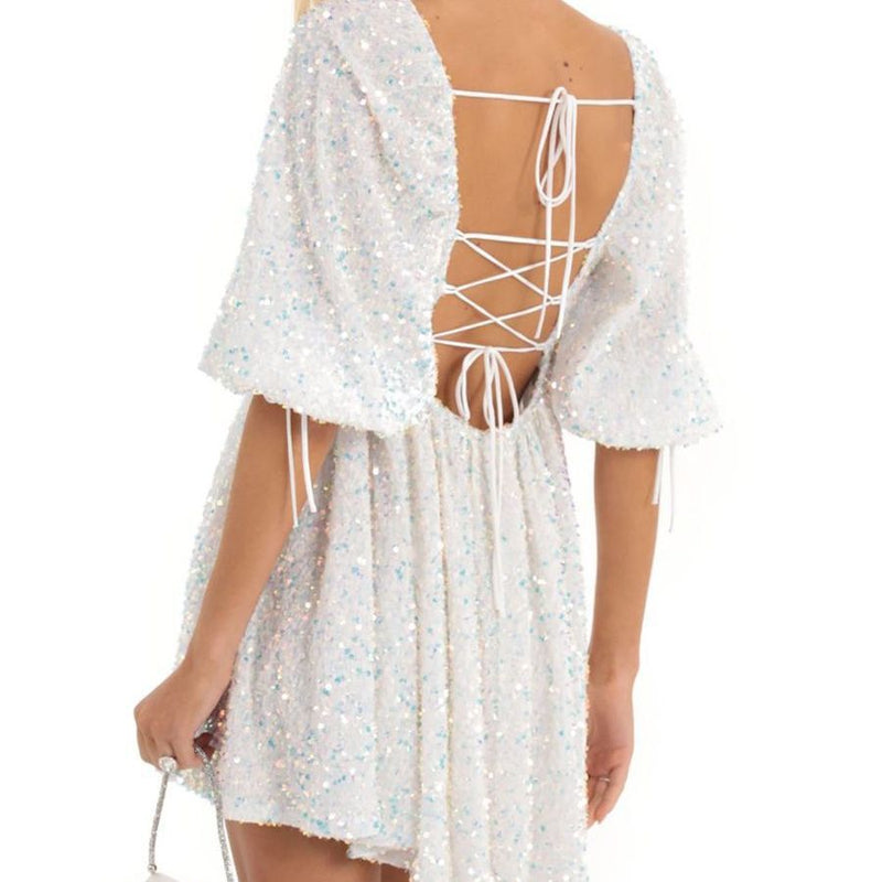Sequin square collar swing dress, view 4 - MRSLM