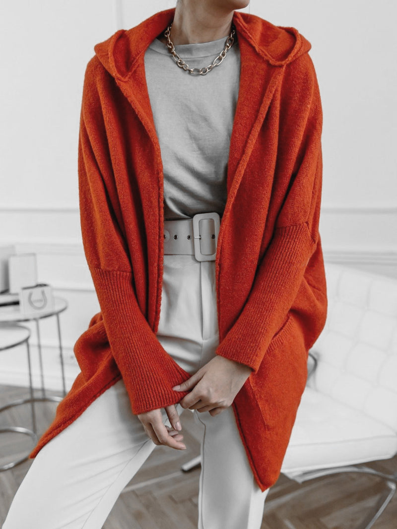 Women's hooded knit sweater coat with pockets, view 8 - MRSLM