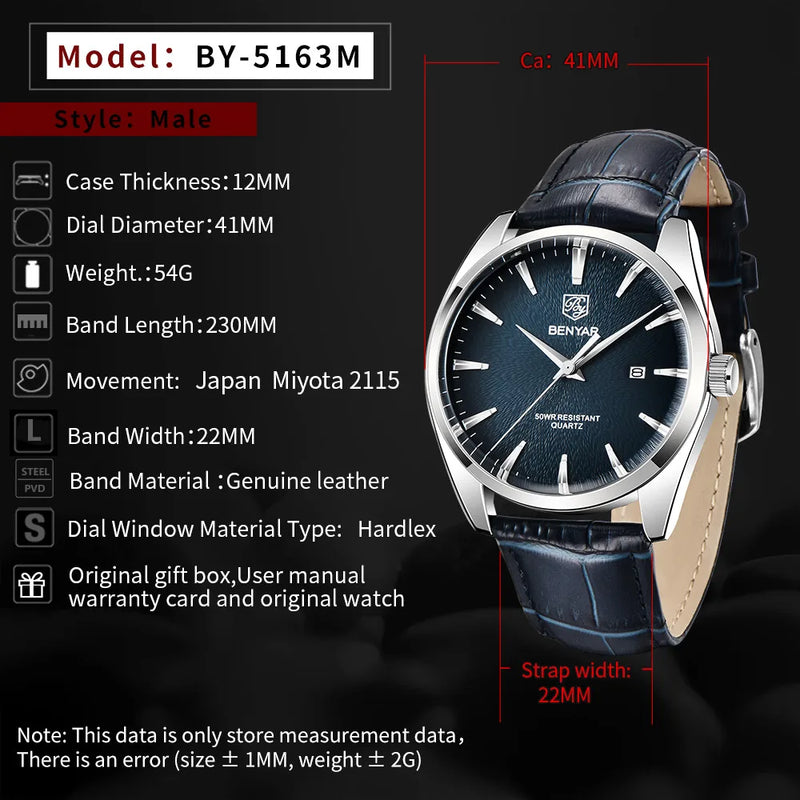 men's leather band quartz watch, view 10 - MRSLM