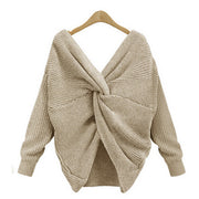 women's v-neck cross backless knit sweater, view 3 - MRSLM