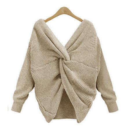 women's v-neck cross backless knit sweater, view 3 - MRSLM