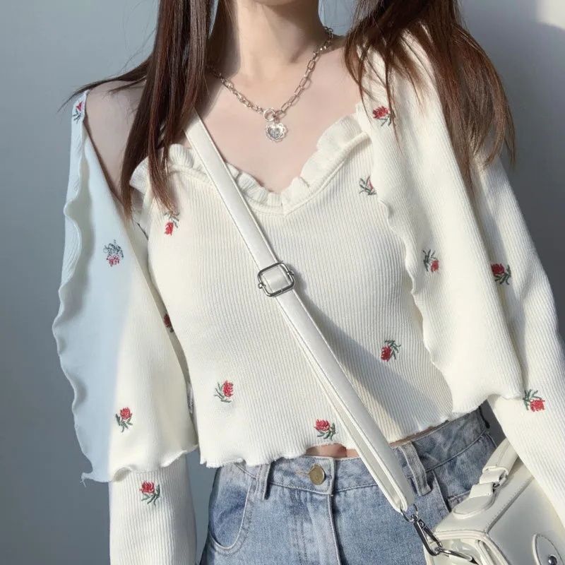 rose embroidery cami and cardigan two-piece set - MRSLM