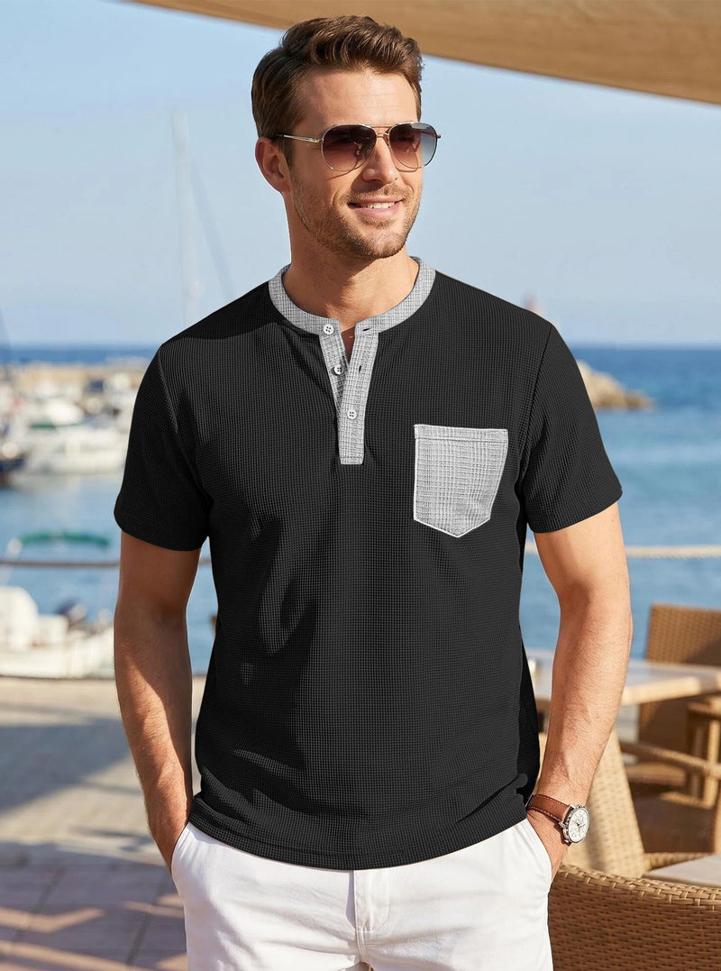 Men's color-block waffle-knit henley tee, view 3 - MRSLM