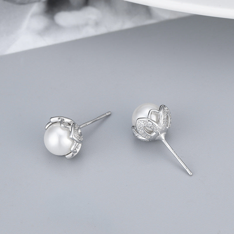 S925 silver flower pearl stud earrings, view 8 - MRSLM
