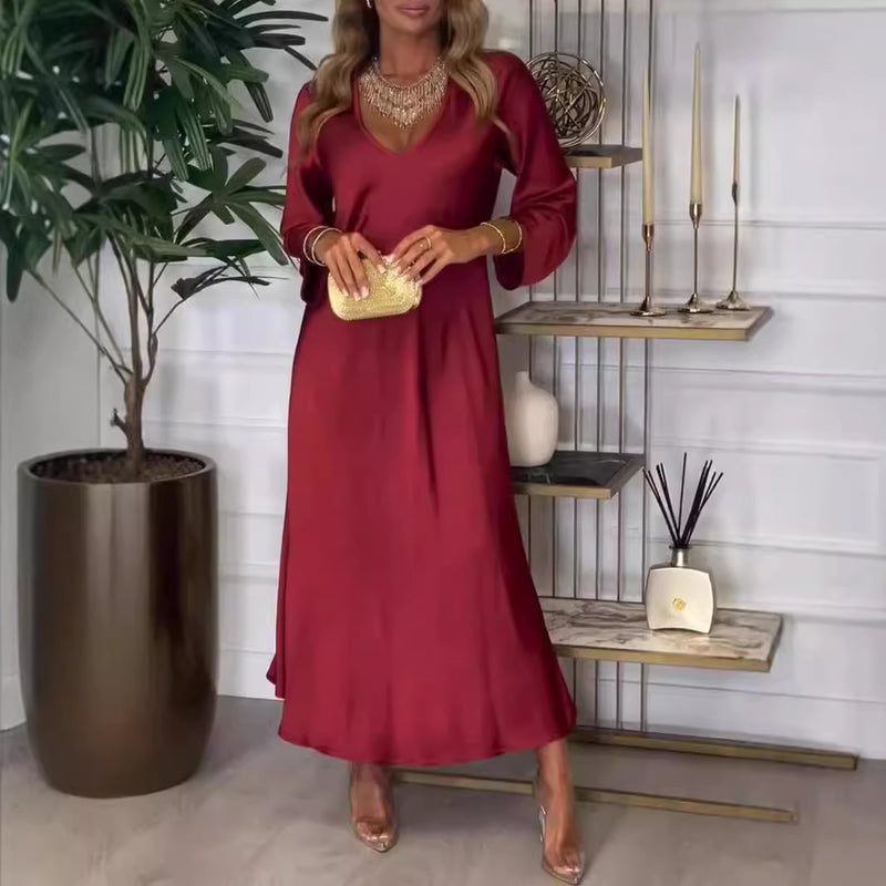 women's v-neck long sleeve solid color dress, view 2 - MRSLM