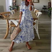 casual v-neck printed mid-length dress, view 6 - MRSLM