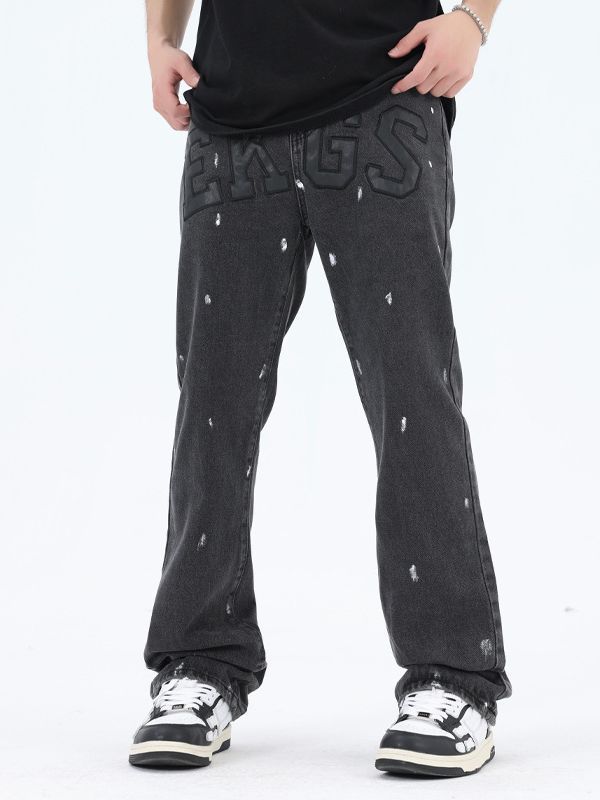 American Retro High Street Loose Straight Mop Splash-ink Jeans