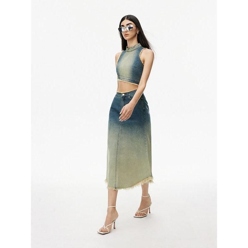 Gradient Blue Asymmetric Denim Grunge Tank Top