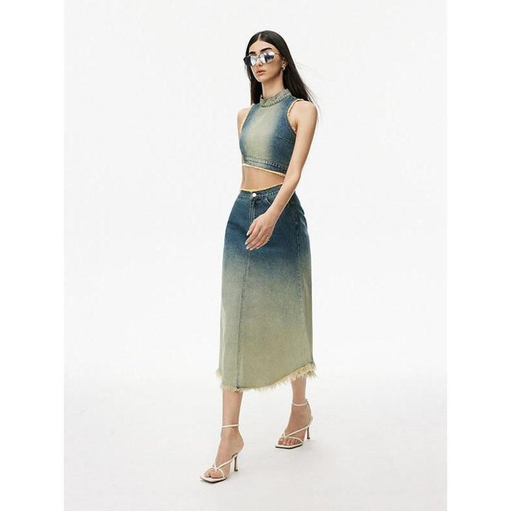 Gradient Blue Asymmetric Denim Grunge Tank Top