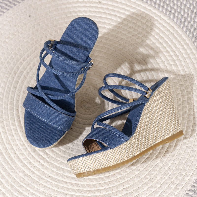 Denim wedge heel sandals, view 6 - MRSLM