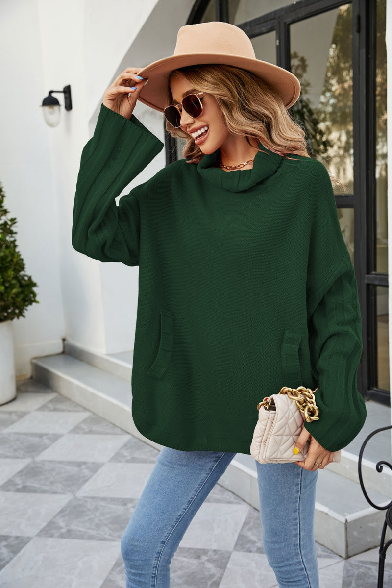 women's loose solid turtleneck knit sweater, view 3 - MRSLM