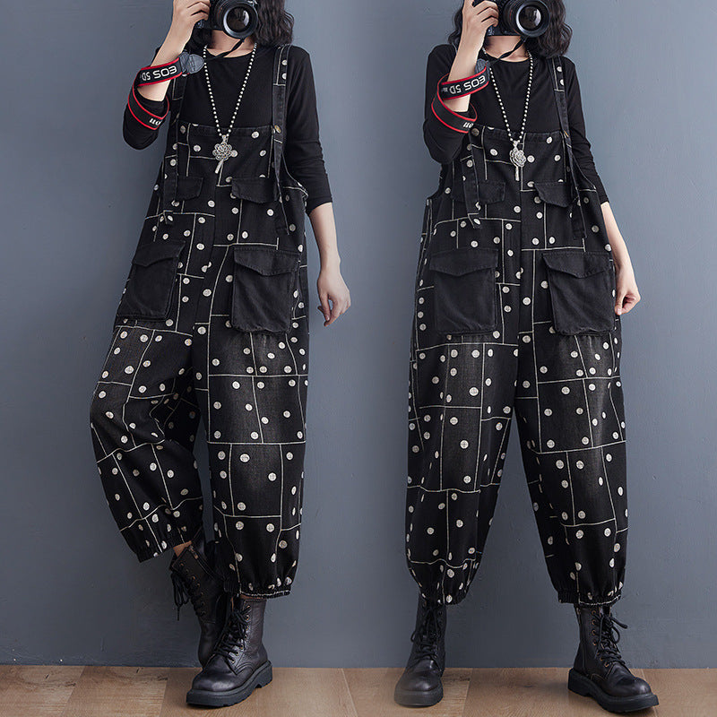 Autumn And Winter Washed Denim Suspender Pants