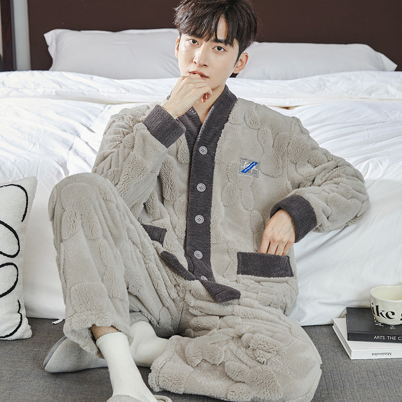 Men's fleece-lined flannel pajama set, view 24 - MRSLM