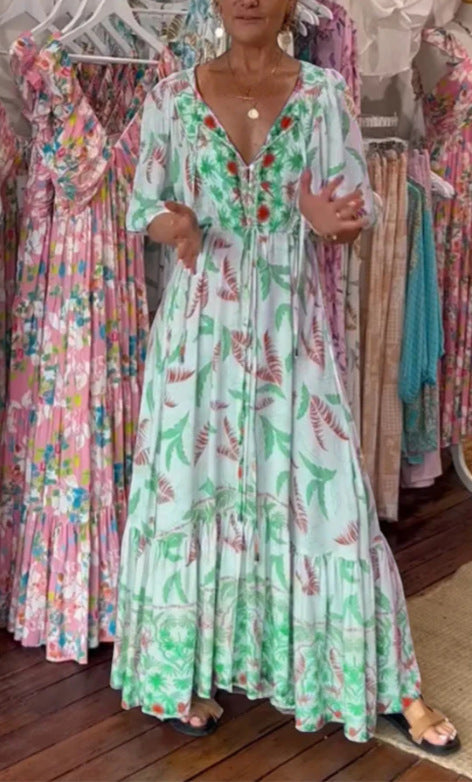 loose deep V puff sleeve long dress, view 8 - MRSLM