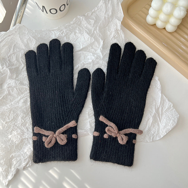 Solid-color bow warm finger gloves, view 8 - MRSLM