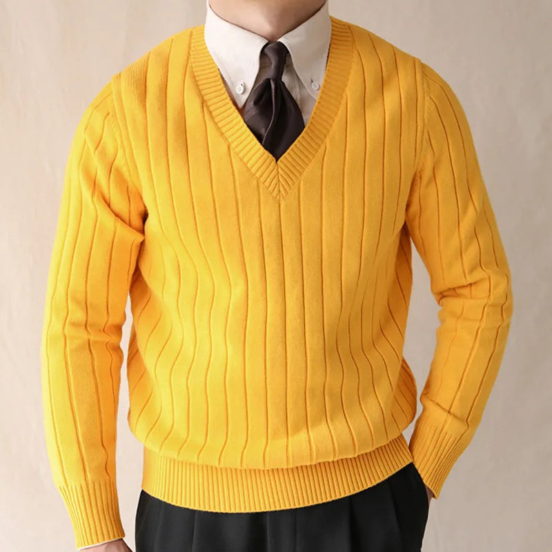 men's winter striped V-neck knit sweater, view 2 - MRSLM