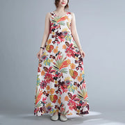floral print cotton linen long dress, view 3 - MRSLM