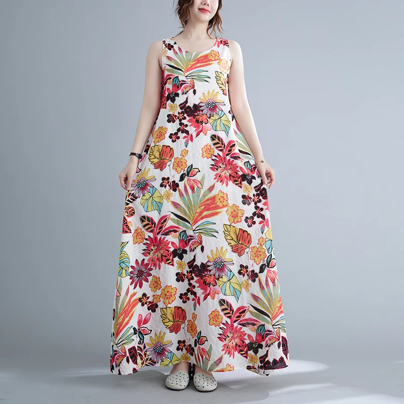 floral print cotton linen long dress, view 3 - MRSLM