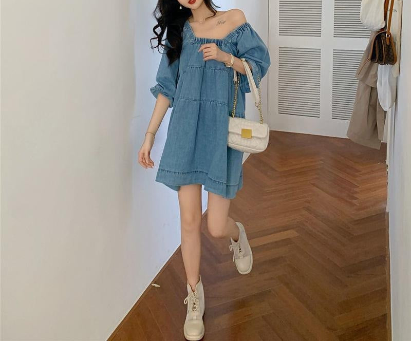 blue square collar denim dress, view 4 - MRSLM