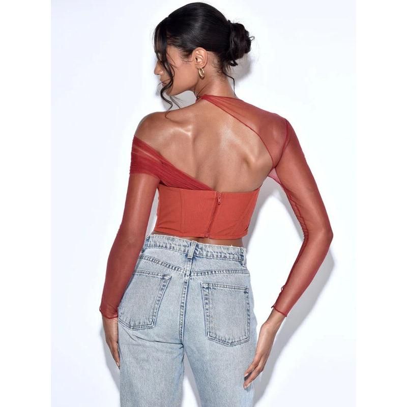 Sheer mesh sleeve strapless backless crop top, view 6 - MRSLM