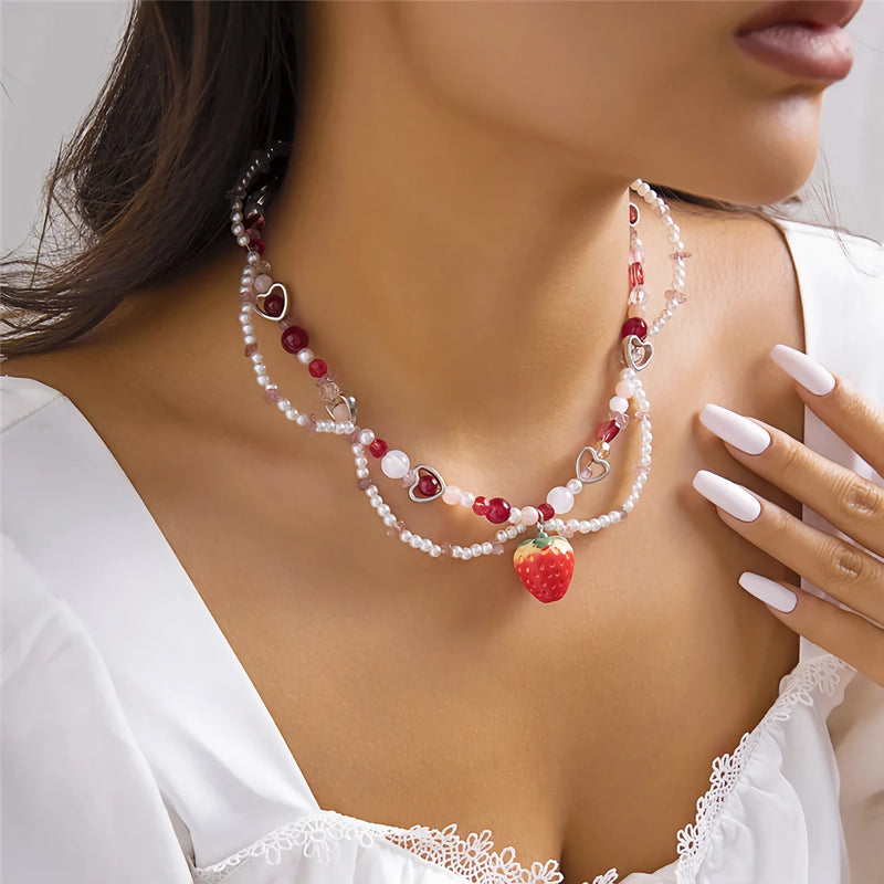 strawberry heart pearl choker necklace - MRSLM