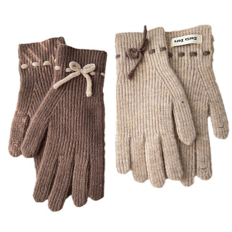 Solid-color bow warm finger gloves, view 5 - MRSLM