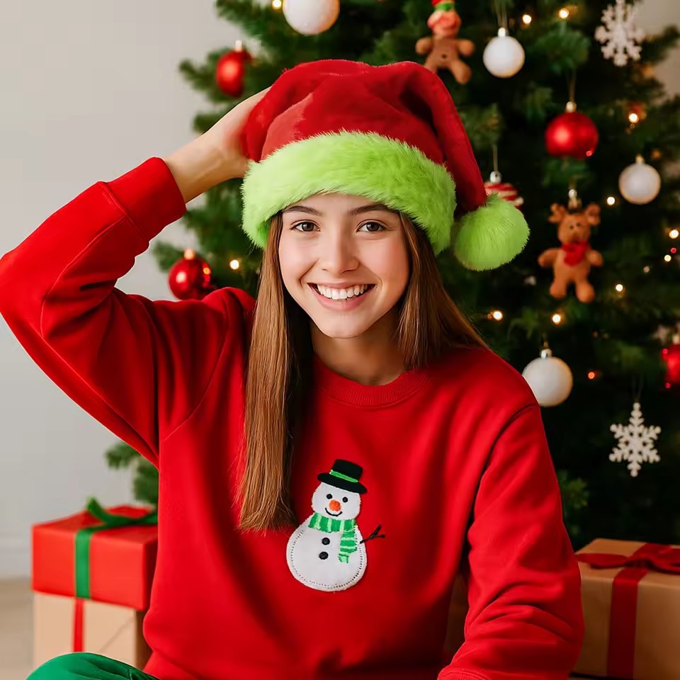 Plush Velvet Santa Hat with Green Trim