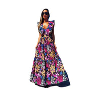 Printed deep V-neck sleeveless long dress, view 5 - MRSLM