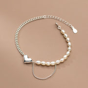 silver heart pearl chain bracelet, view 2 - MRSLM