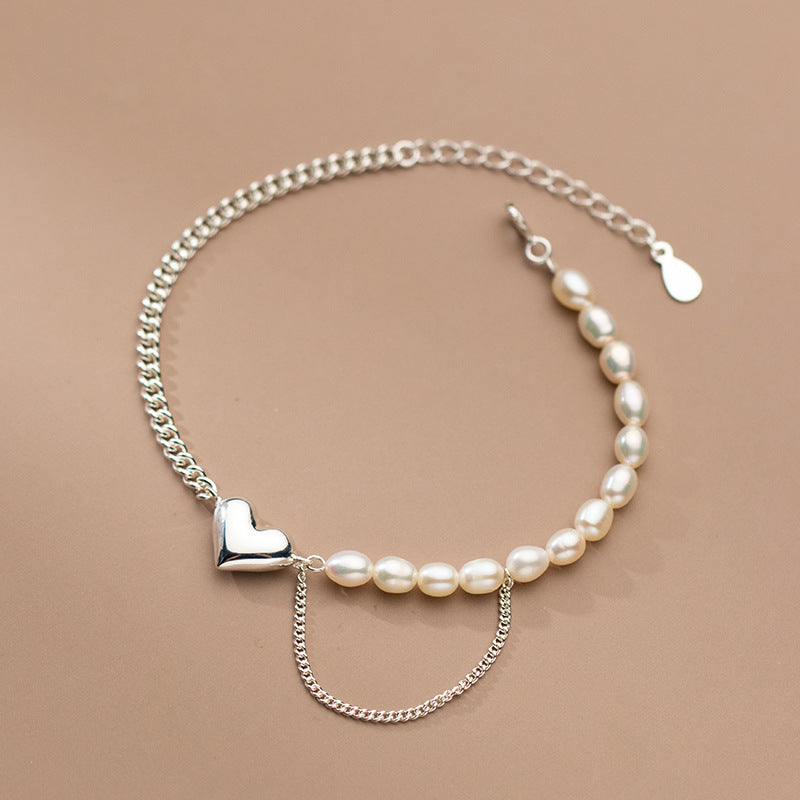 silver heart pearl chain bracelet, view 2 - MRSLM