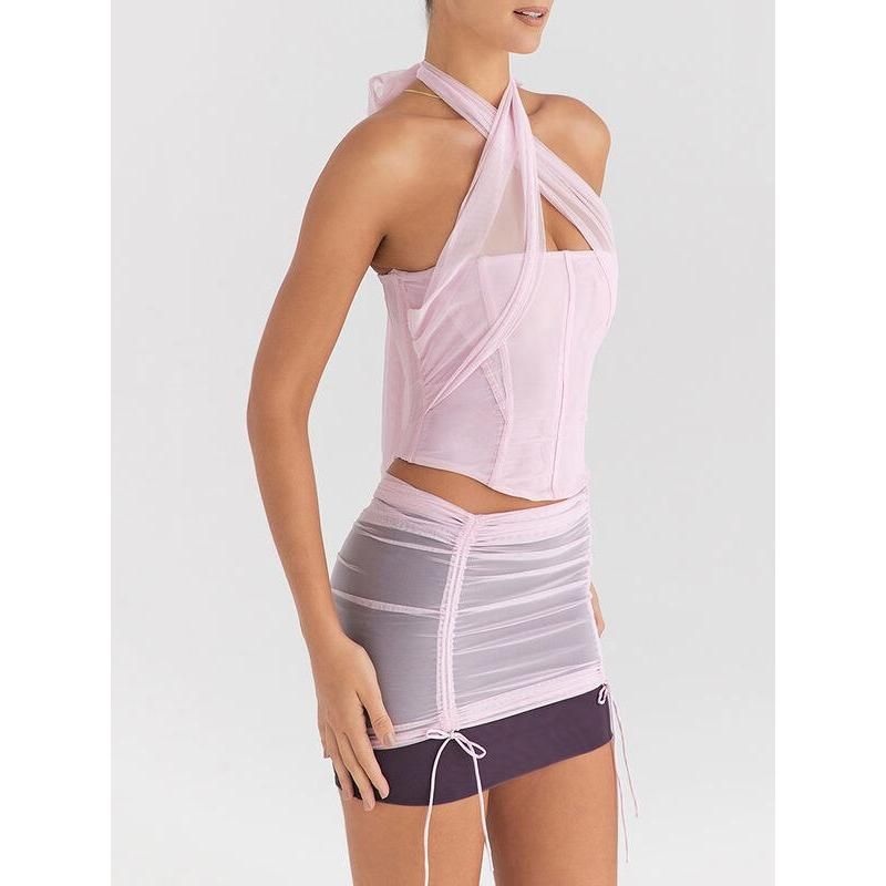 halter neck backless lace tank top, view 8 - MRSLM