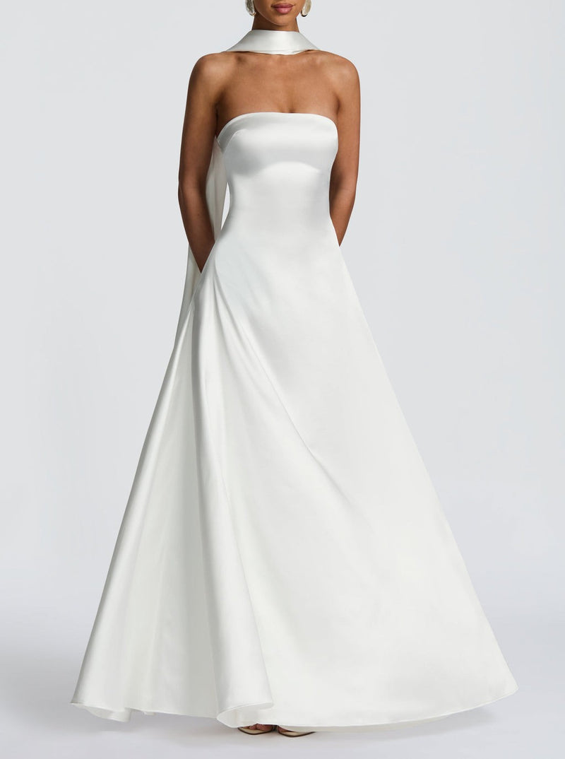 strapless satin maxi dress, view 4 - MRSLM