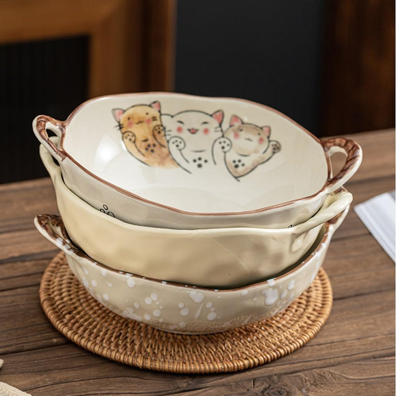 Cat design ceramic soup bowl with handle, view 11 - MRSLM