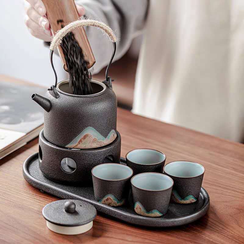 japanese style ceramic tea pot and warmer set, view 6 - MRSLM