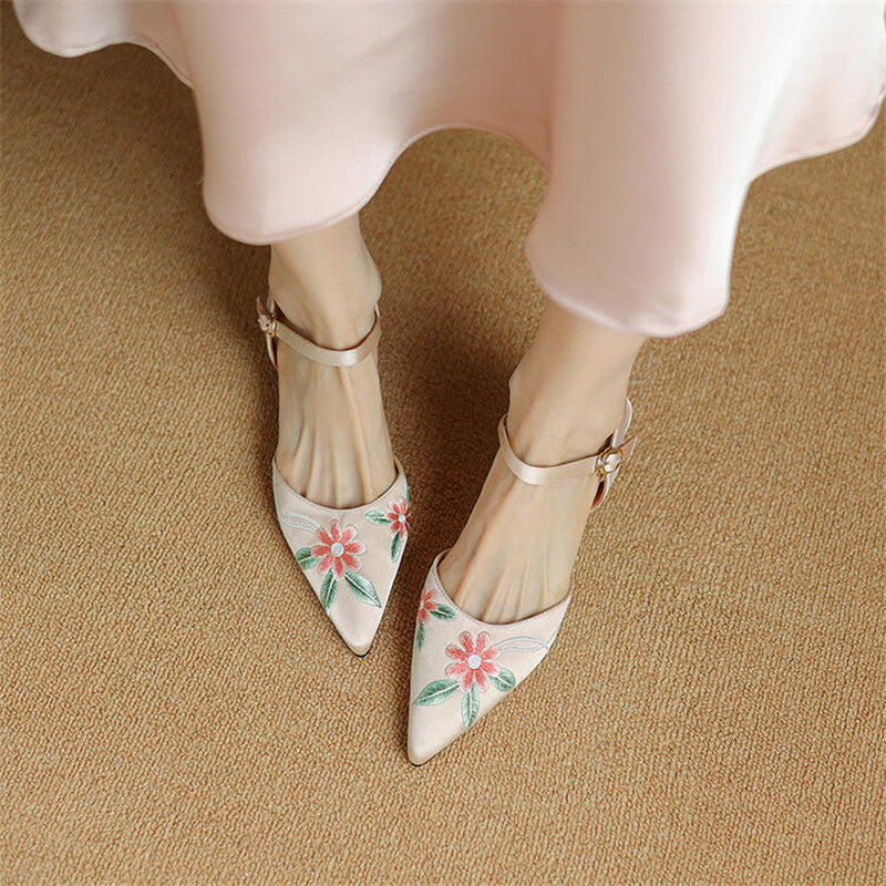 embroidered pointed toe sandals with spike heels, view 7 - MRSLM